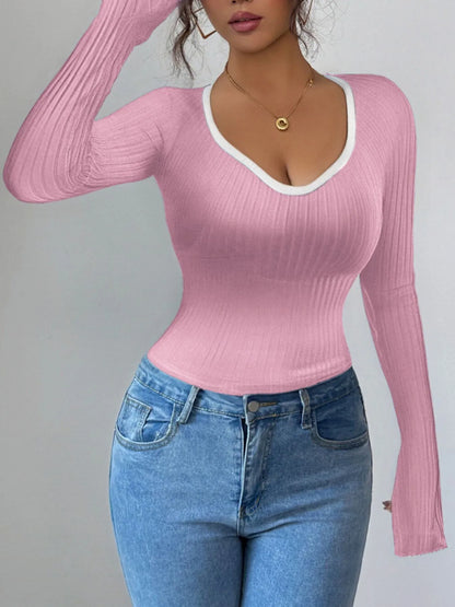 Contrast Trim Long Sleeve T-Shirt - Fashorio