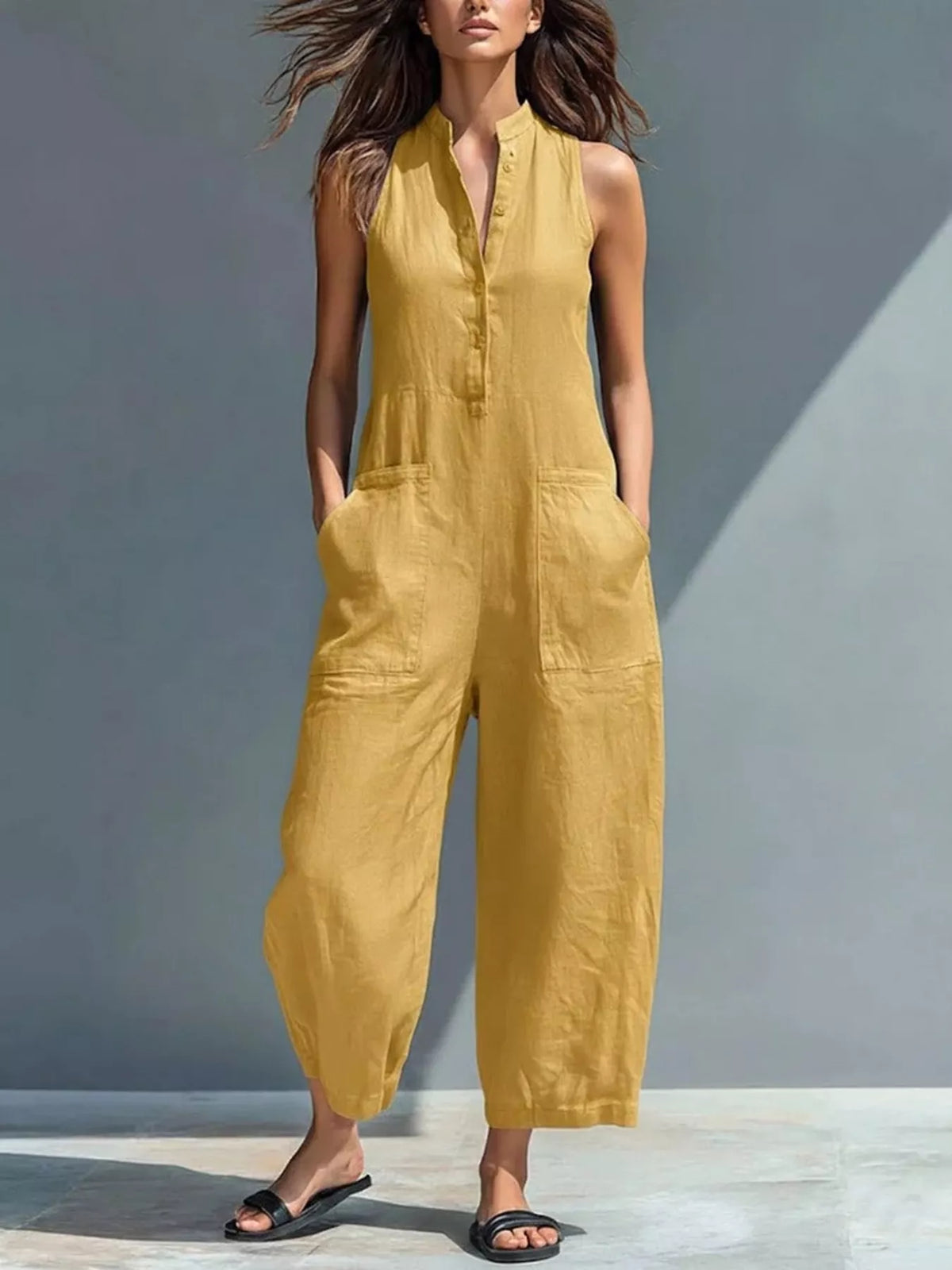 Button front jumpsuit fabric detail