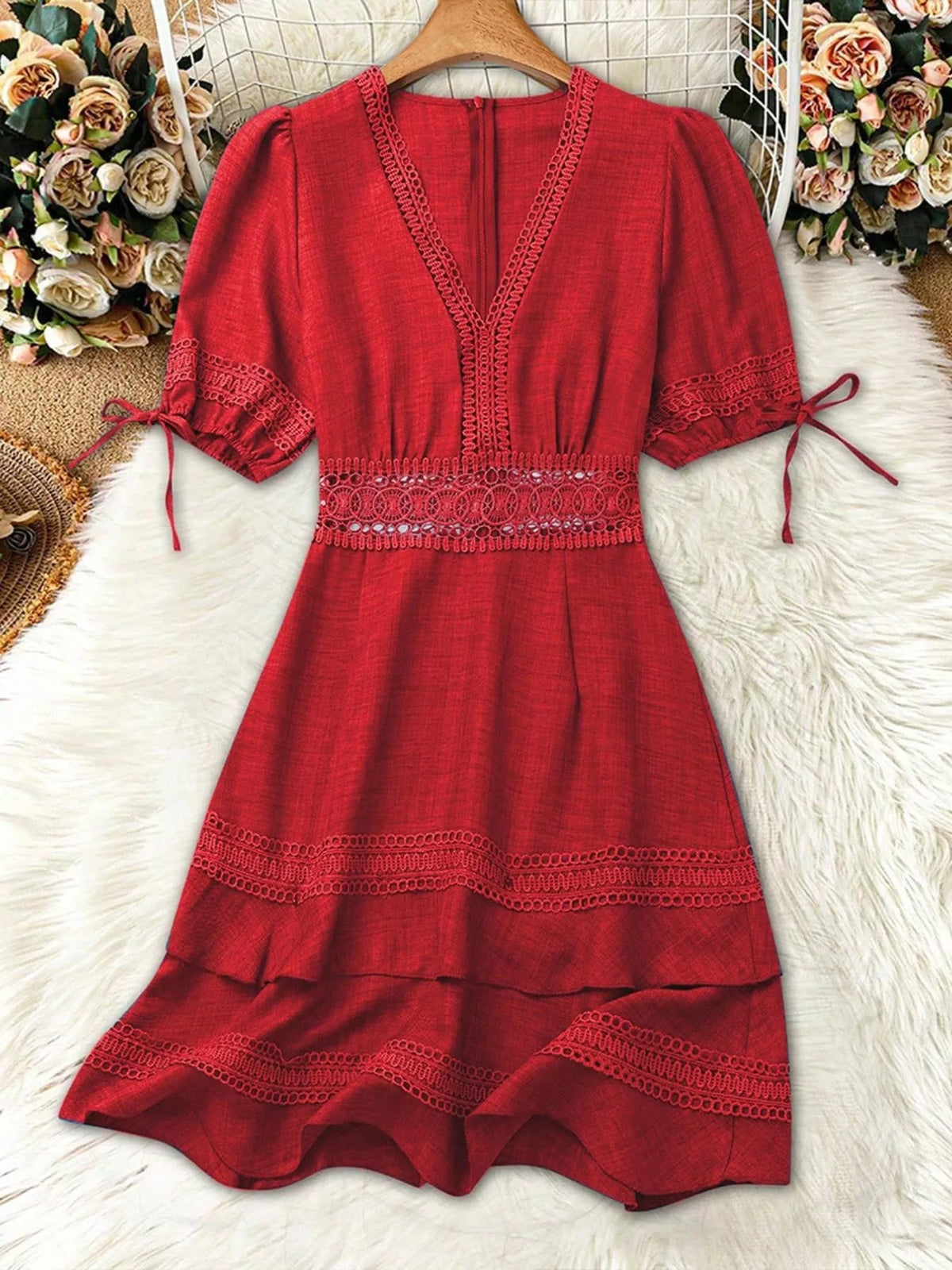 Ruffle detail across the dress skirt