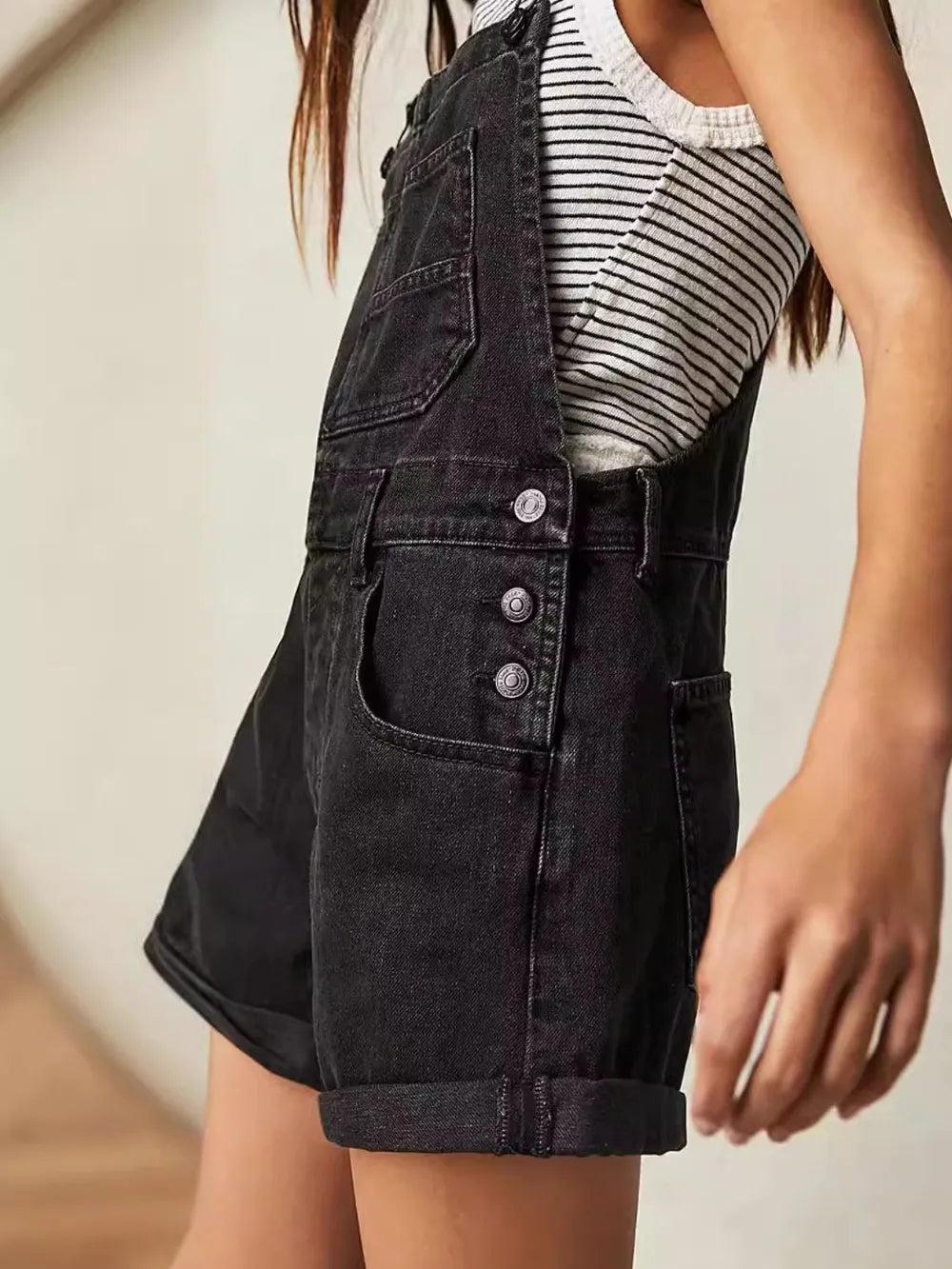 Black square neck wide strap overall dress front view