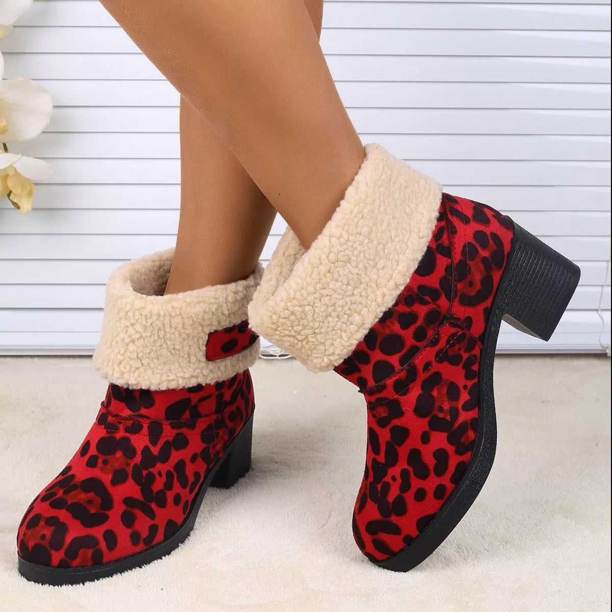 Plush Cuff Block Heel Boots side profile