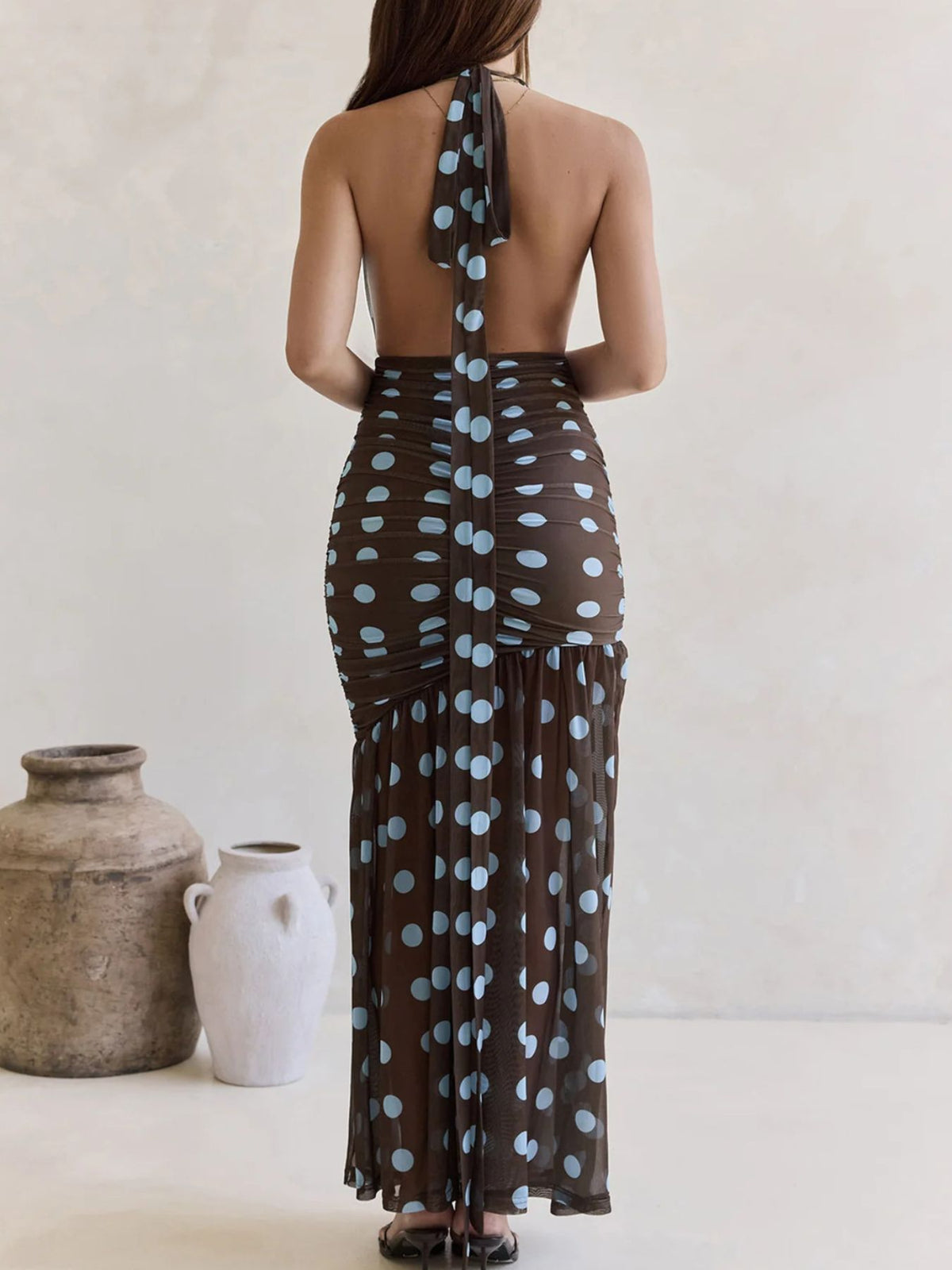 polka dot halter neck ruched maxi dress front view