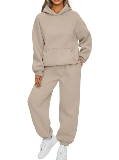 Full Size Kangaroo Pocket Hoodie and Joggers Set Plus Size Khaki - Fashorio