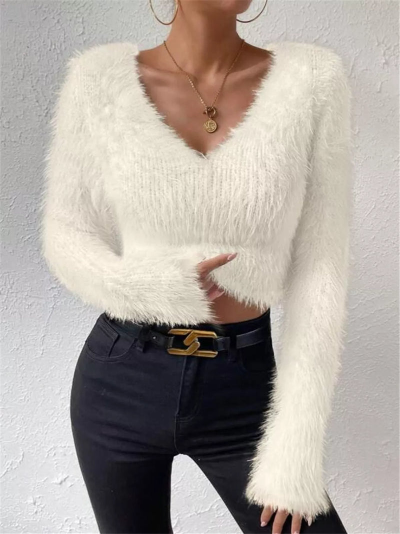 Fluffy knit V-neck sweater front view