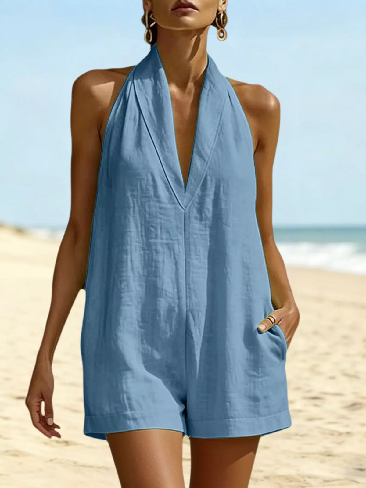 Halter neck romper with pockets front view