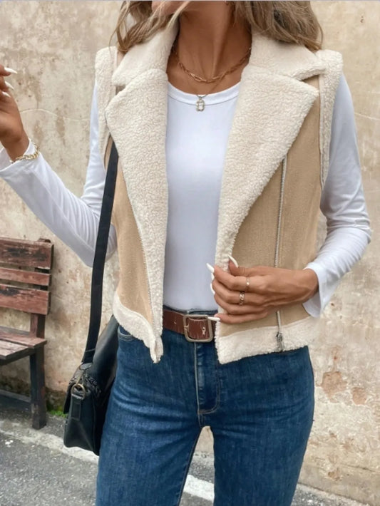 Zip Up Sherpa Vest Coat Khaki - Fashorio