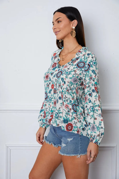 Floral Notched Long Sleeve Blouse - Fashorio