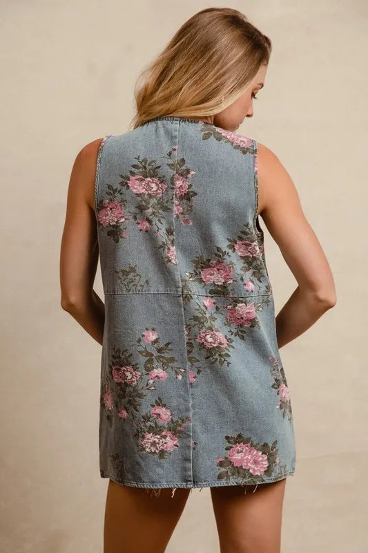 Floral Print Washed Denim Longline Vest in Medium Wash view 8