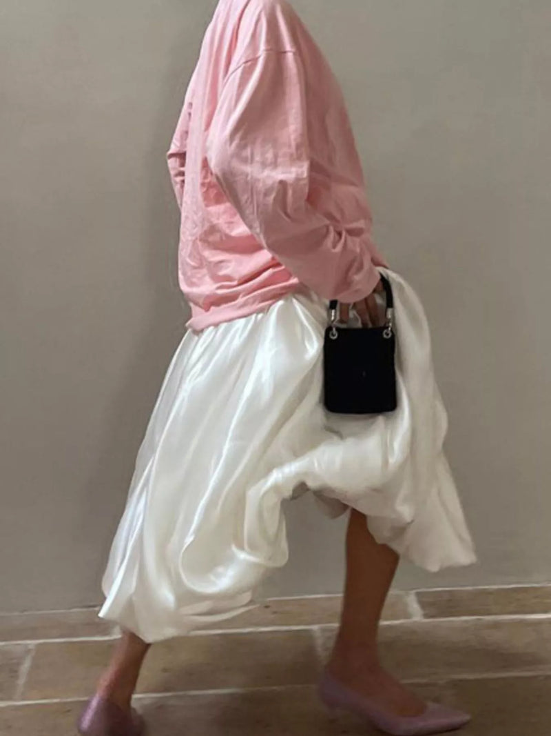 Beige flowy satin skirt front view