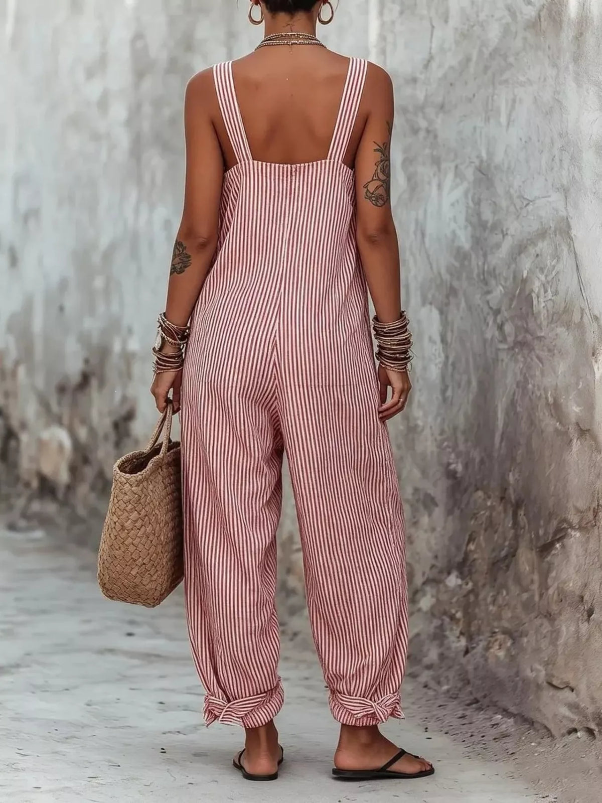Striped jumpsuit square neckline detail