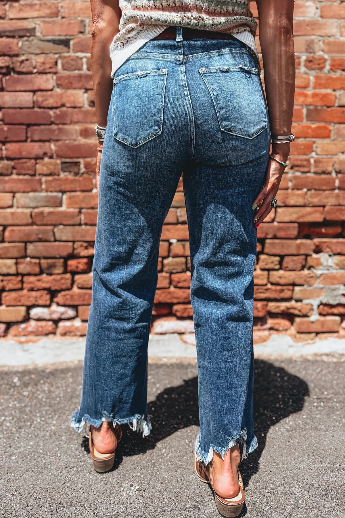 High waist blue denim flare jeans side view