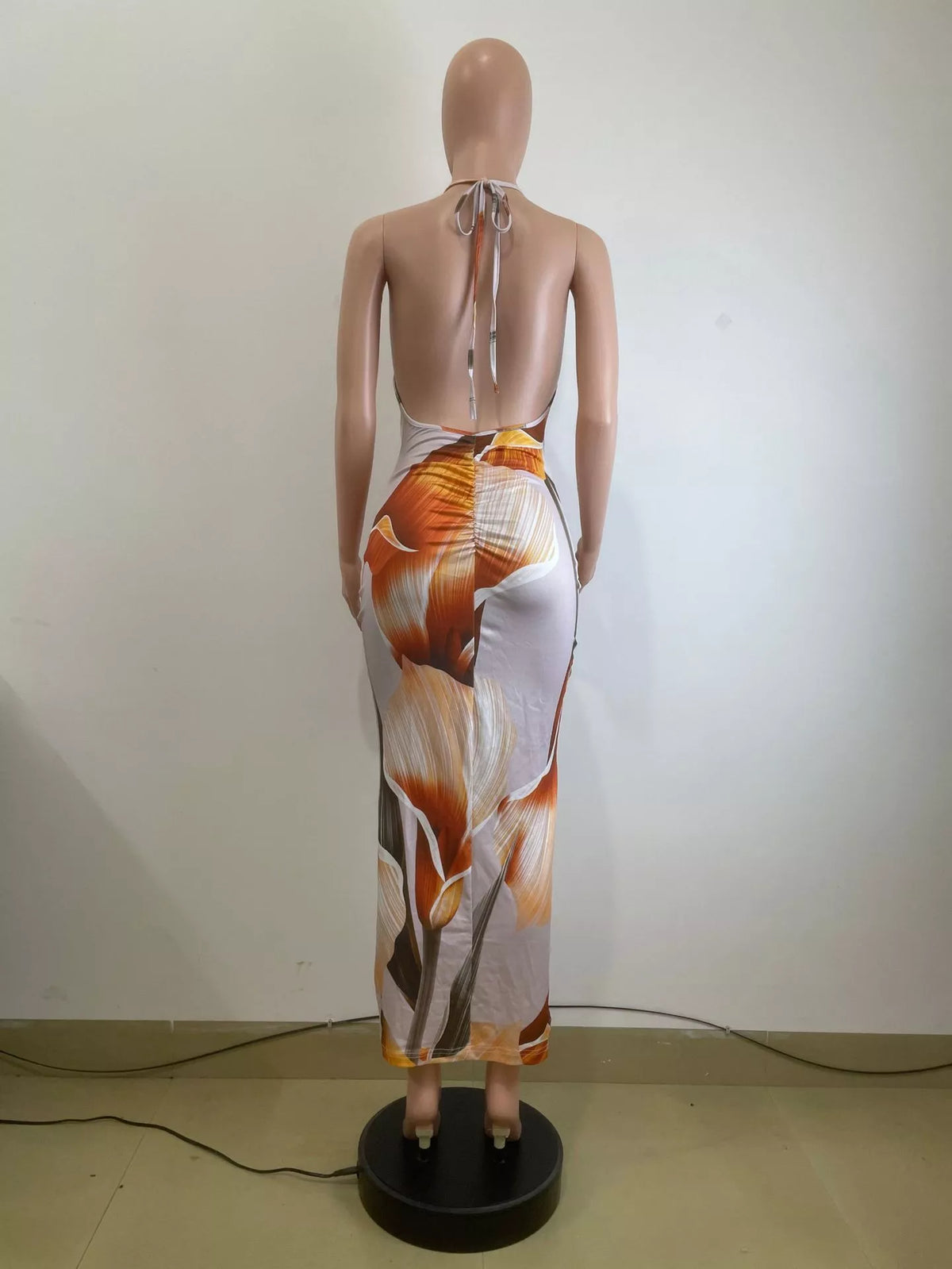 Ochre floral maxi dress side view full length