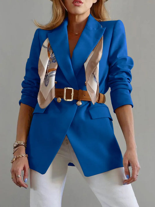 Buttoned Lapel Collar Long Sleeve Blazer Light Indigo - Fashorio