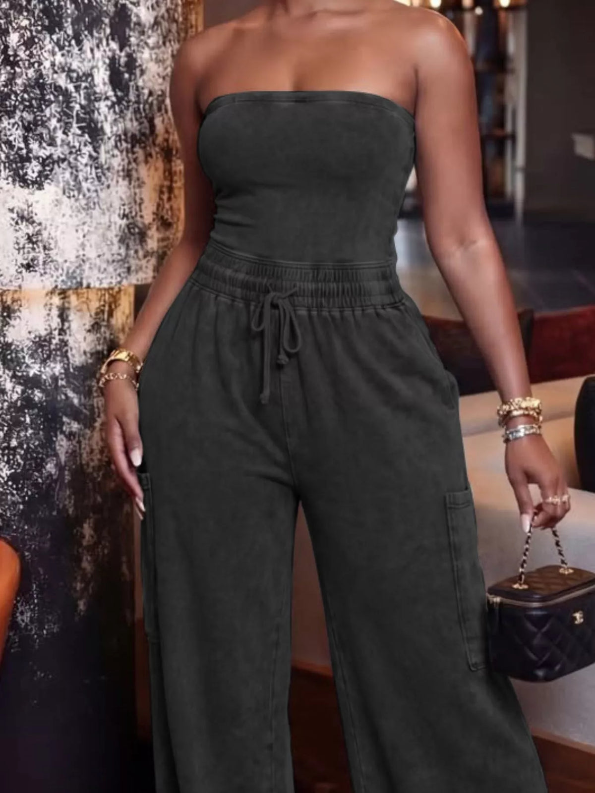 Wide leg jumpsuit fabric drape close up