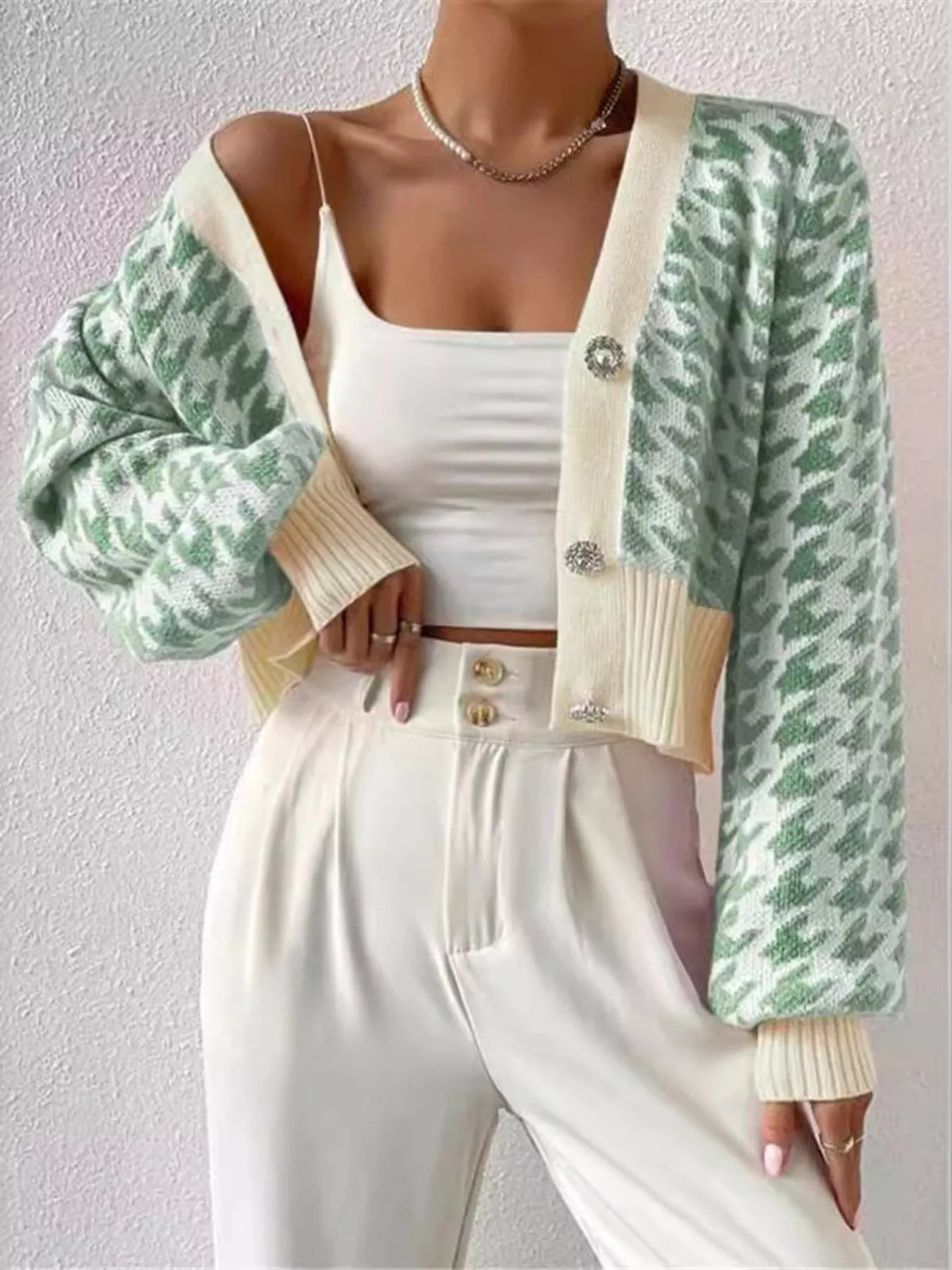 houndstooth v neck button up cardigan neckline detail