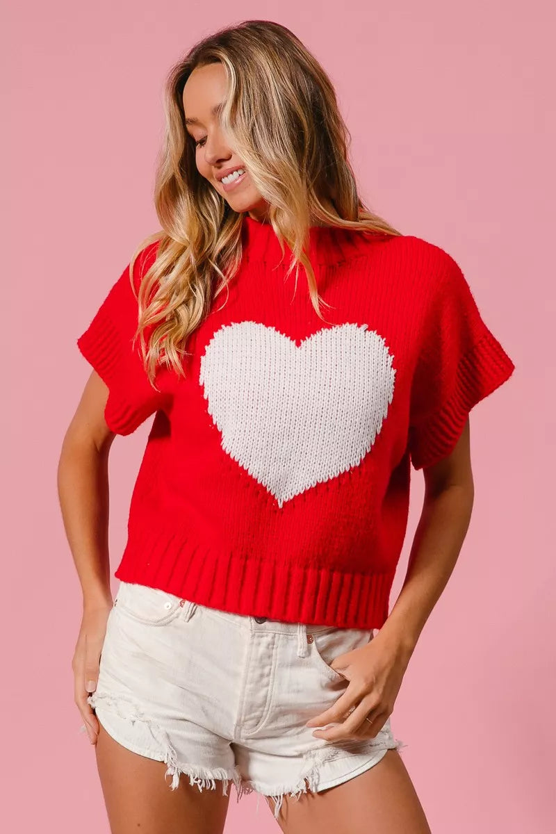 Heart Pattern Rib Banded Sweater in Red and Ivory view 10