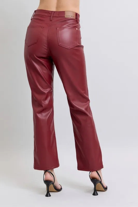 Judy Blue Full Size High Waist Tummy Control Faux Leather Straight Pants Plus Size - Fashorio