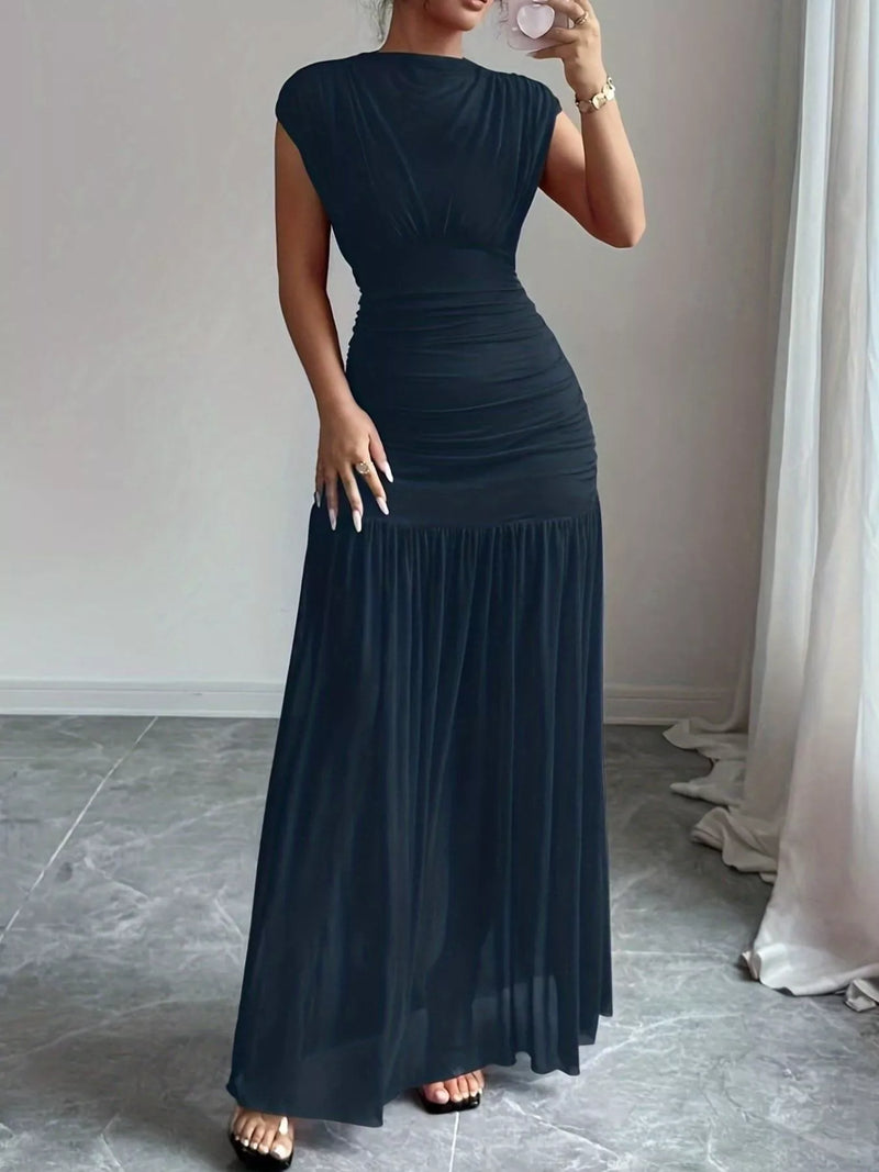 Navy ruched bodycon maxi dress front view