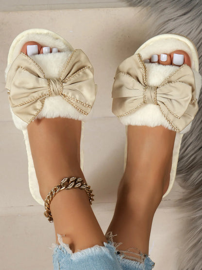 Bow Open Toe Slippers Ivory - Fashorio