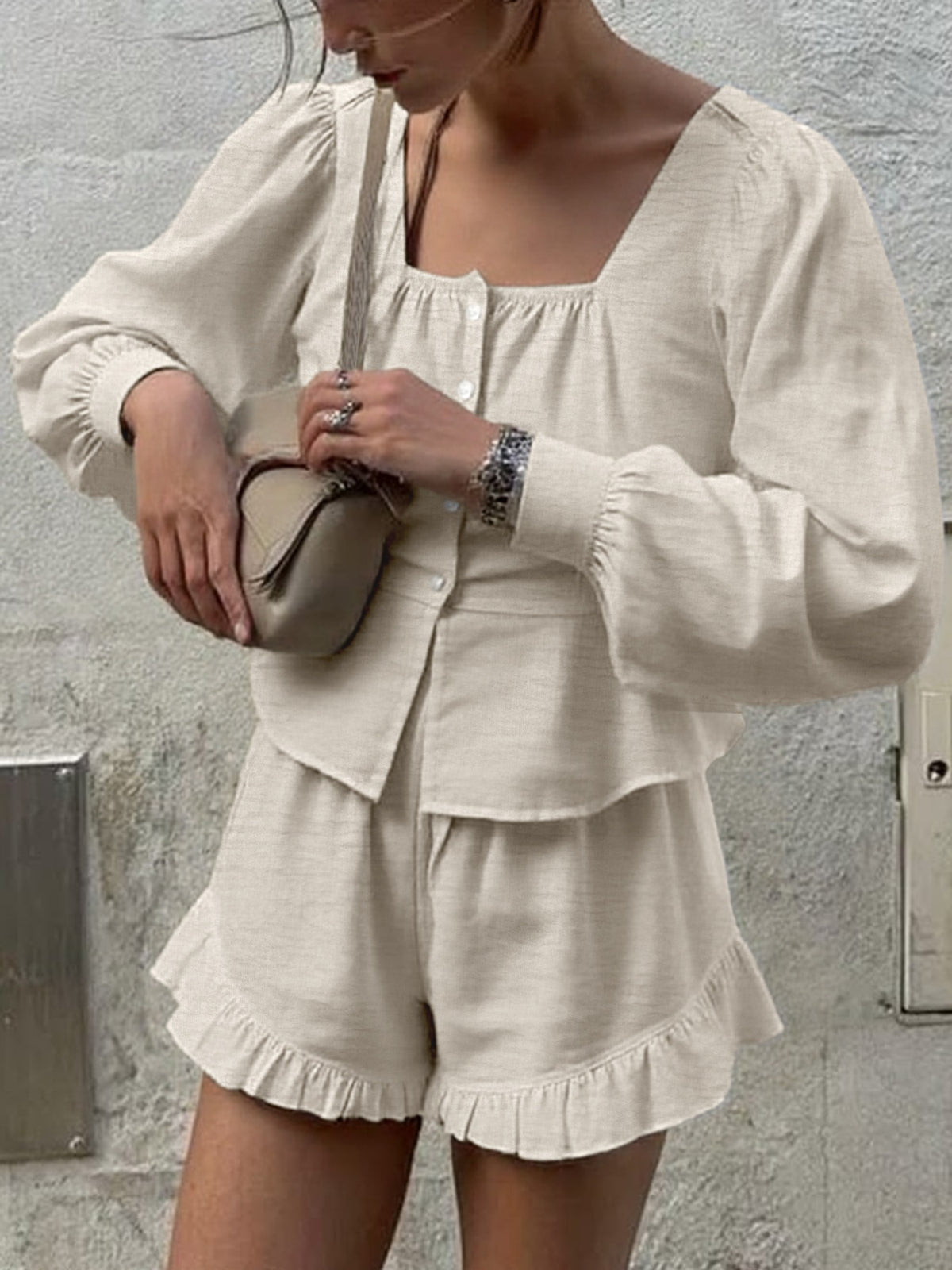 Lantern sleeve top ruffled detail