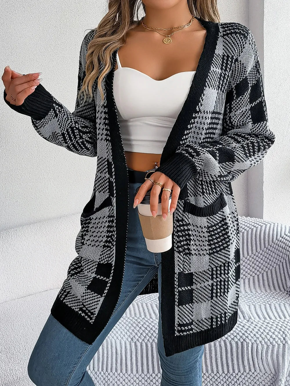 Plaid Open Front Long Sleeve Cardigan - Fashorio