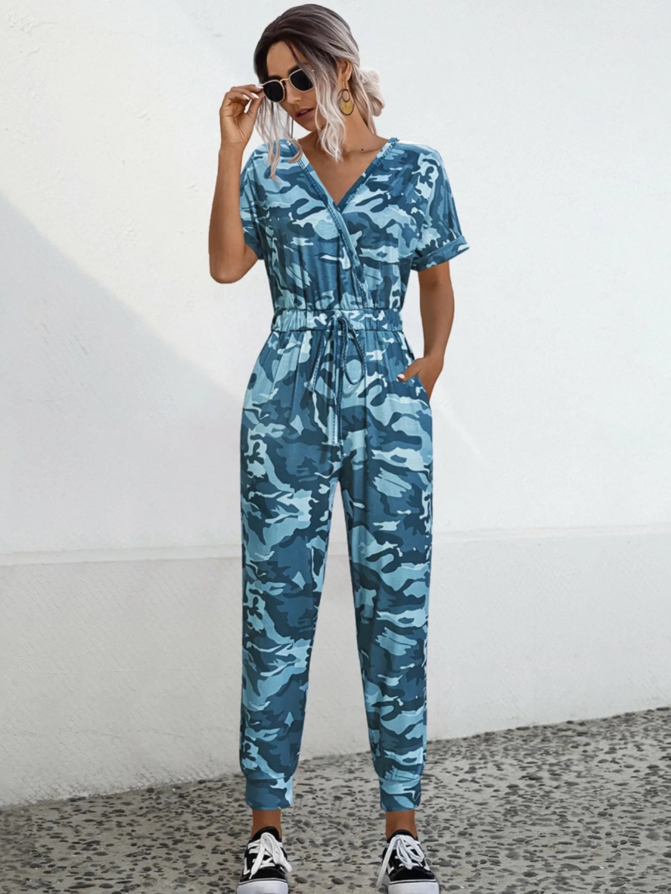 Drawstring Waist Short Sleeve Jumpsuit Blue Camouflage - Fashorio