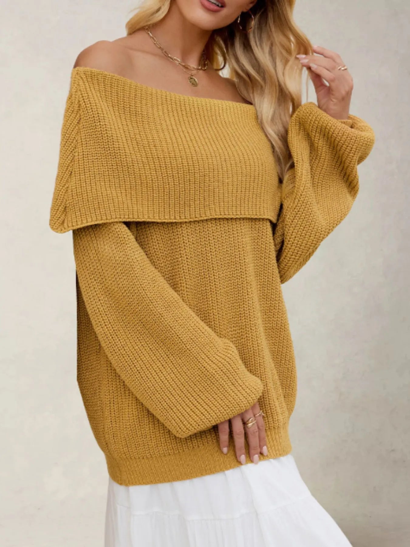 Fold-Over Collar Long Sleeve Sweater - Fashorio