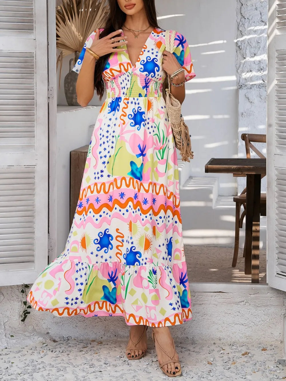 V-neck printed maxi dress in tangerine