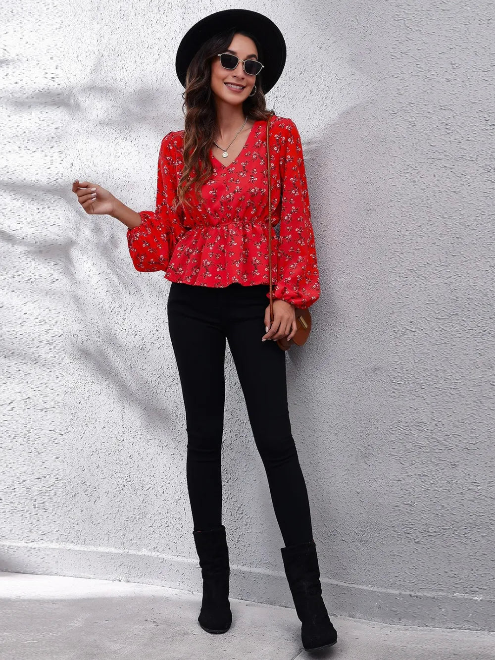 Floral V-Neck Balloon Sleeve Peplum Blouse - Fashorio
