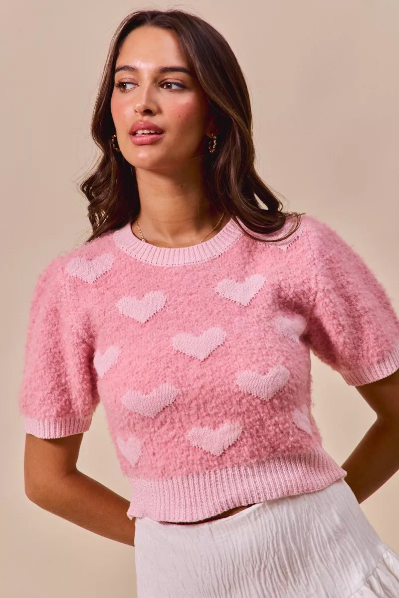 All Over Heart Cropped Sweater in Pink styled look
