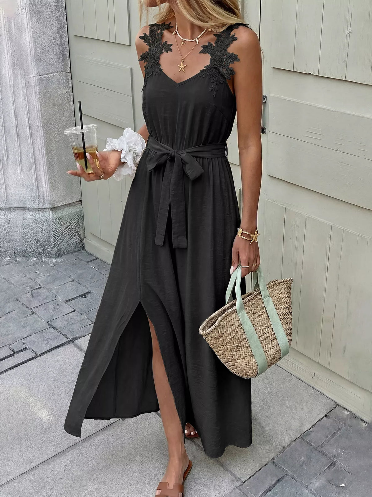 Black lace trim slit maxi dress front view