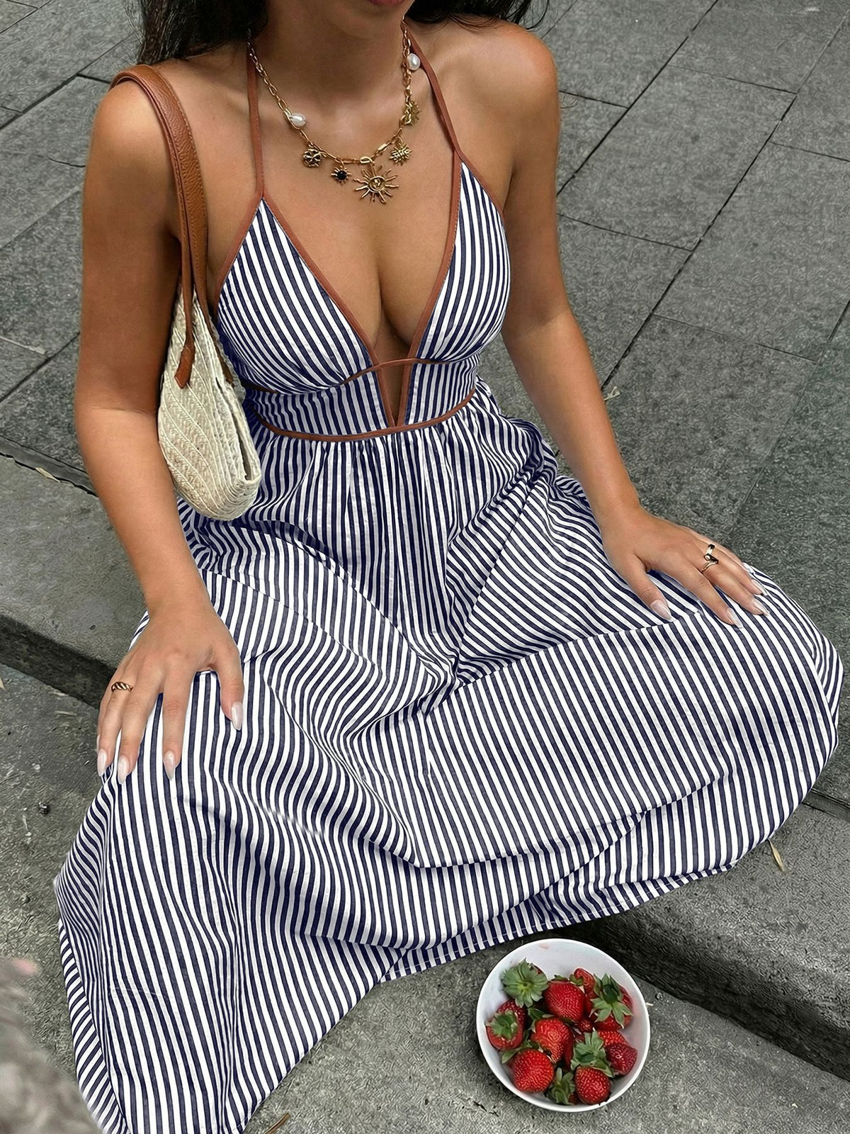 Striped maxi dress alternate smocked bodice detail