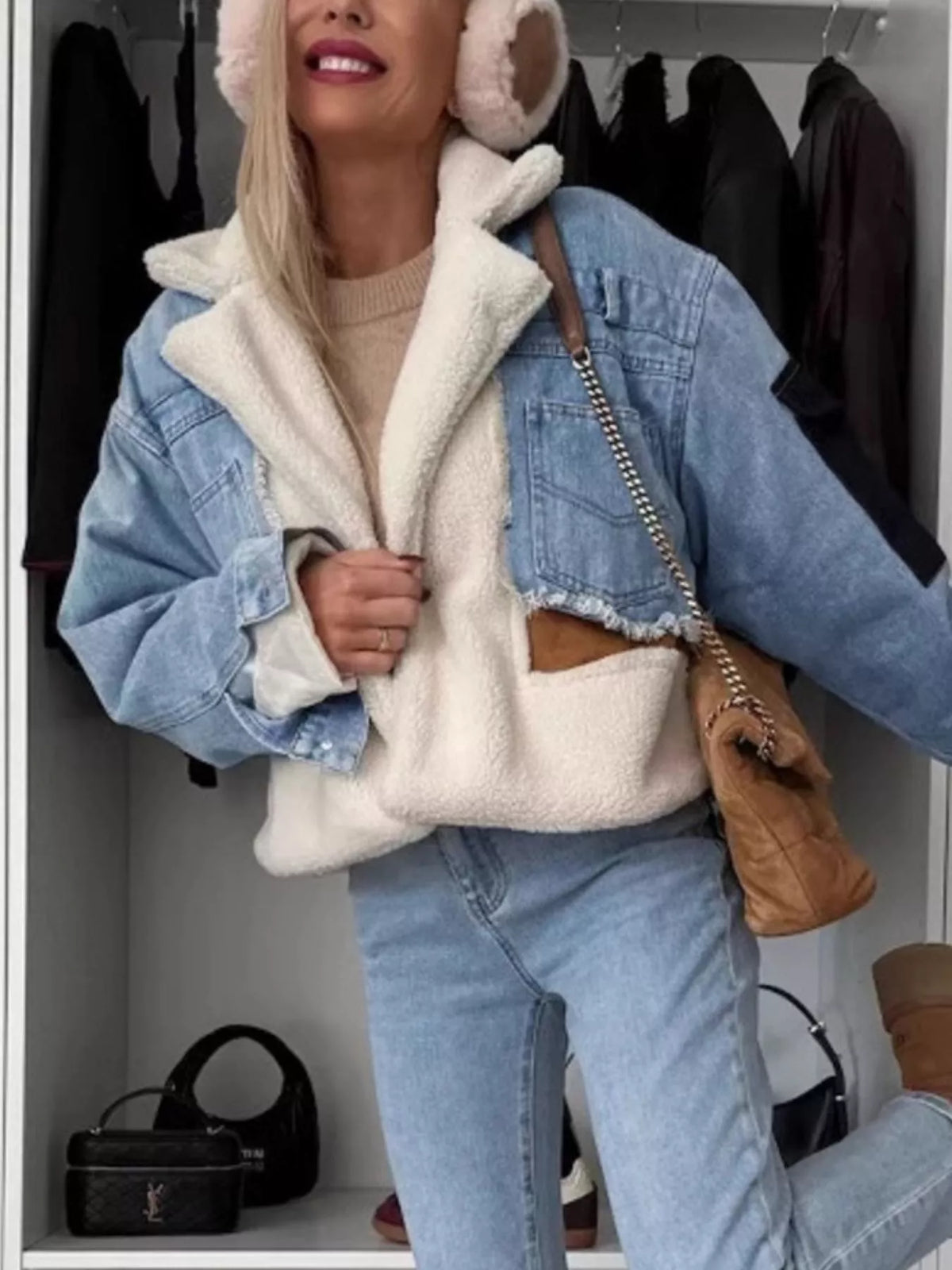 Raw Hem Sherpa Lined Denim Jacket in Light Blue detail