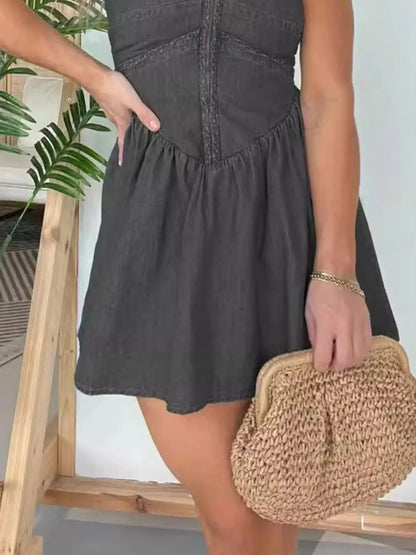 Full Size Lace Up Halter Neck Denim Dress Plus Size - Fashorio