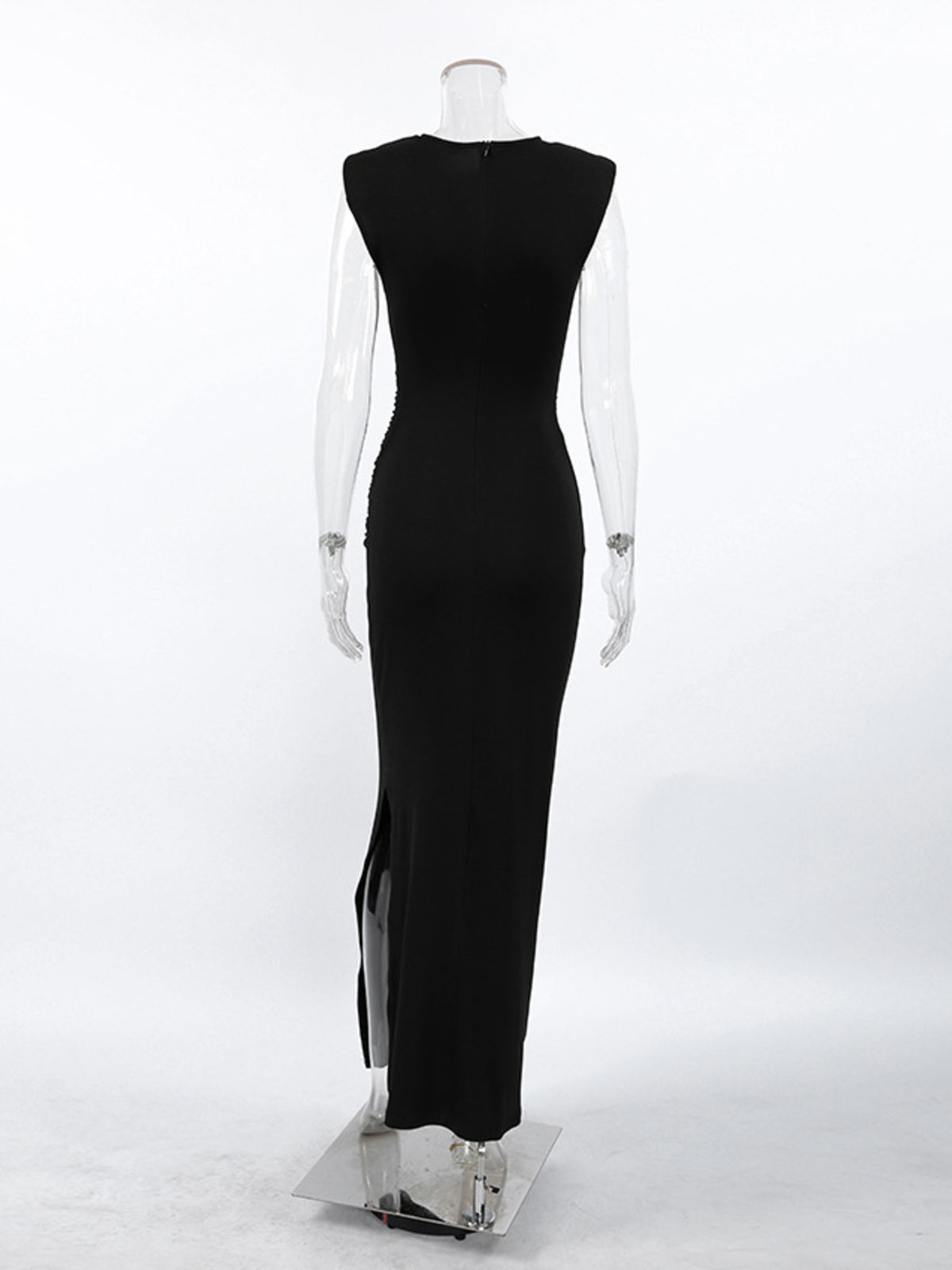 Black slit sleeveless round neck maxi dress three quarter view