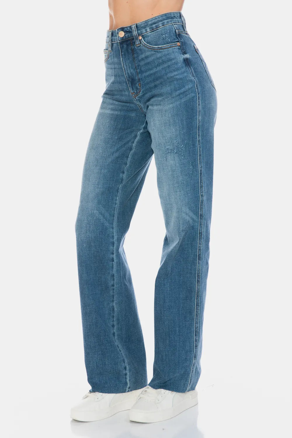 Judy Blue Tummy Control Raw Hem Straight Jeans styled look