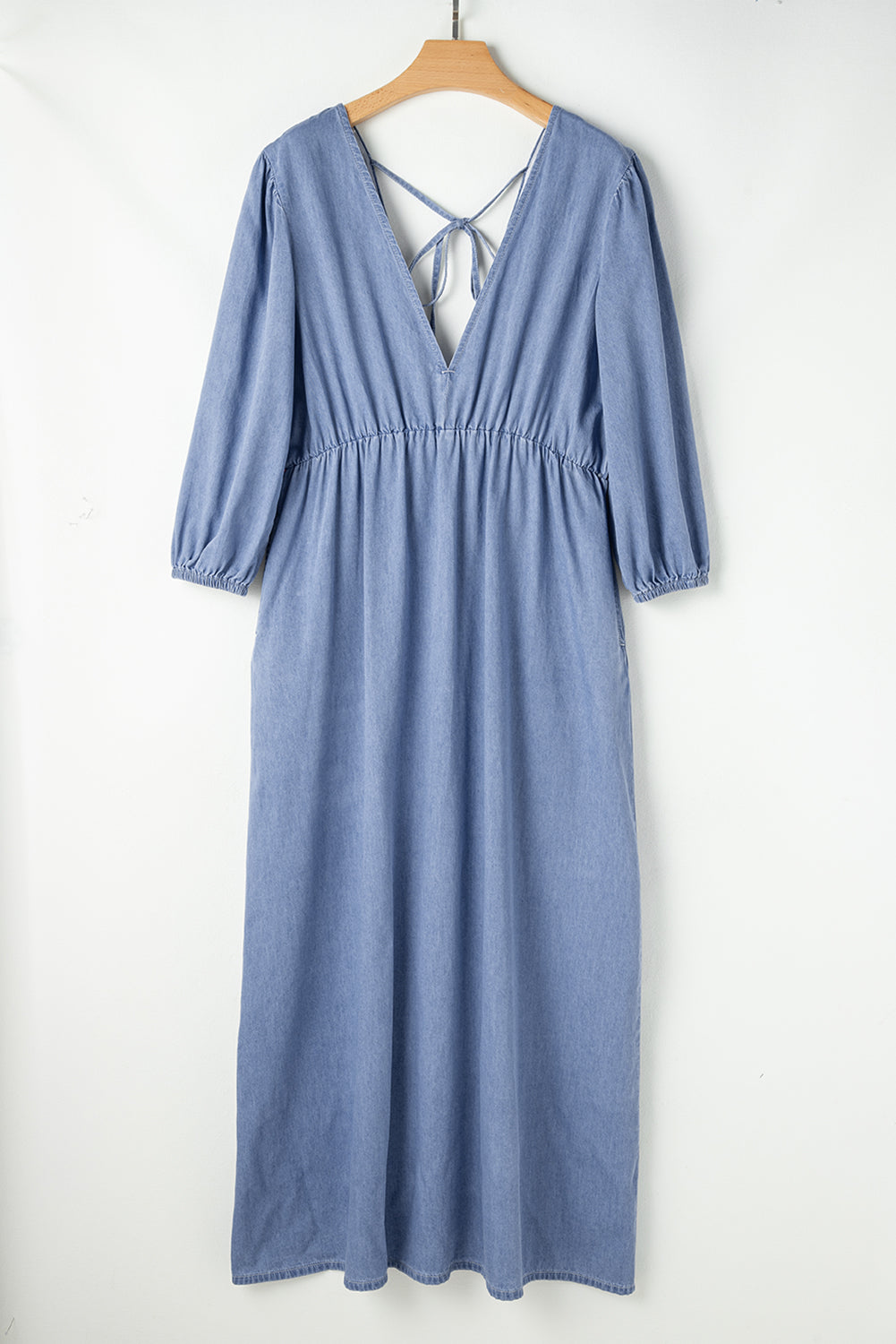 Blue chambray maxi dress side view