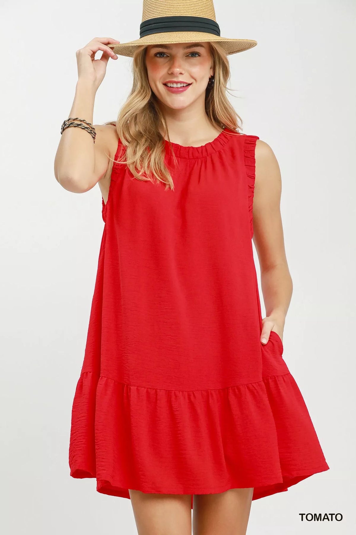 Tomato red sleeveless ruffle trim mini dress front view