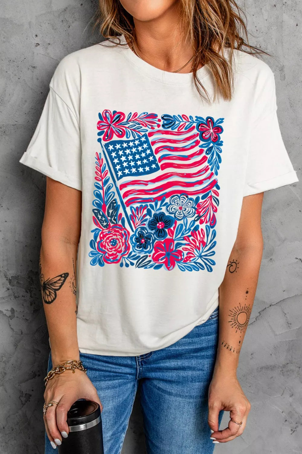 White floral flag patriotic graphic tee back view