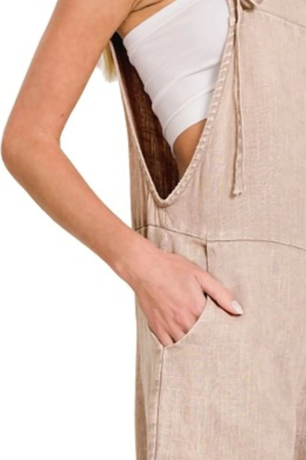 Washed Linen Knot Strap Romper side view