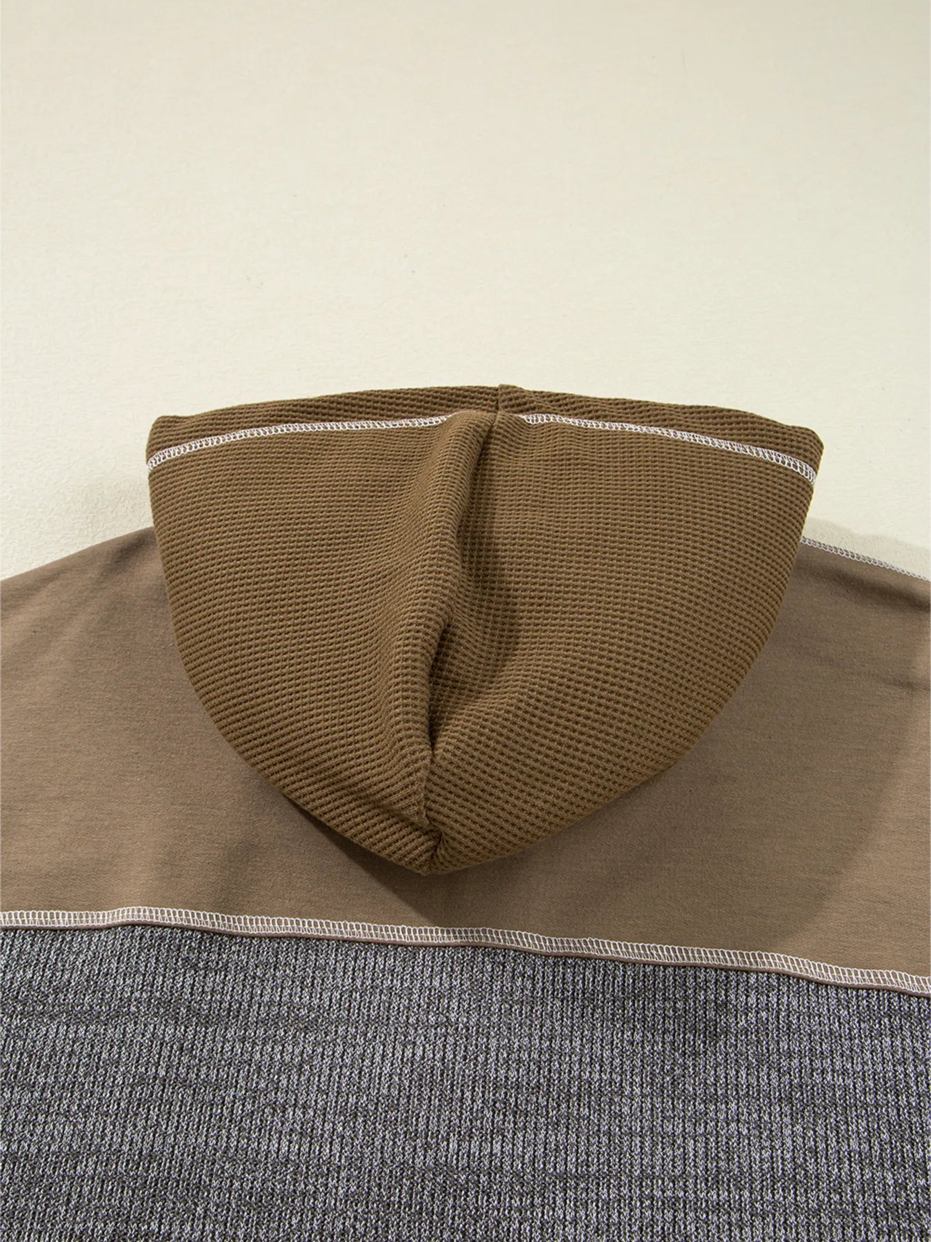 Mixed Texture Patchwork Exposed Seam Half Button Hoodie - Fashorio