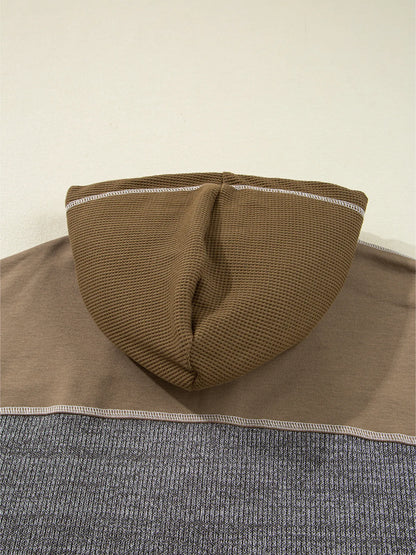 Mixed Texture Patchwork Exposed Seam Half Button Hoodie - Fashorio