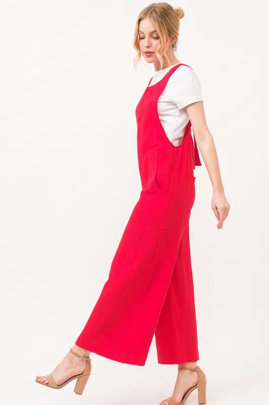 Gauze Loose Fit Tied Back Overalls styled look