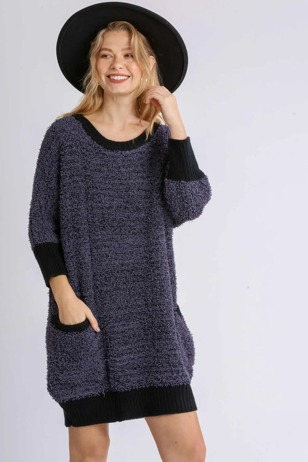 Ribbed Round Neck 3/4 Sleeve Sweater Dress with Pockets Plus Size
