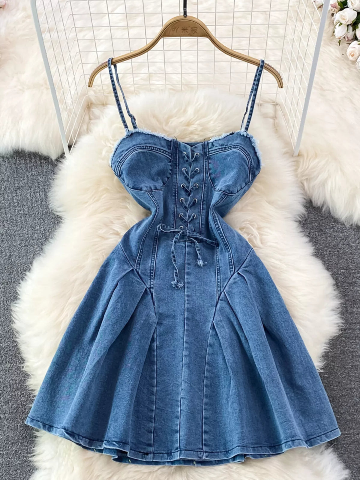 Blue lace up denim A line mini dress front view