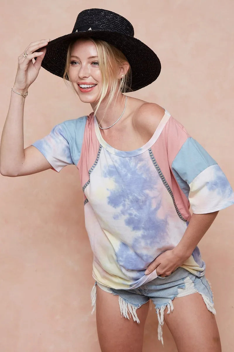 Pink blue color block top angled view