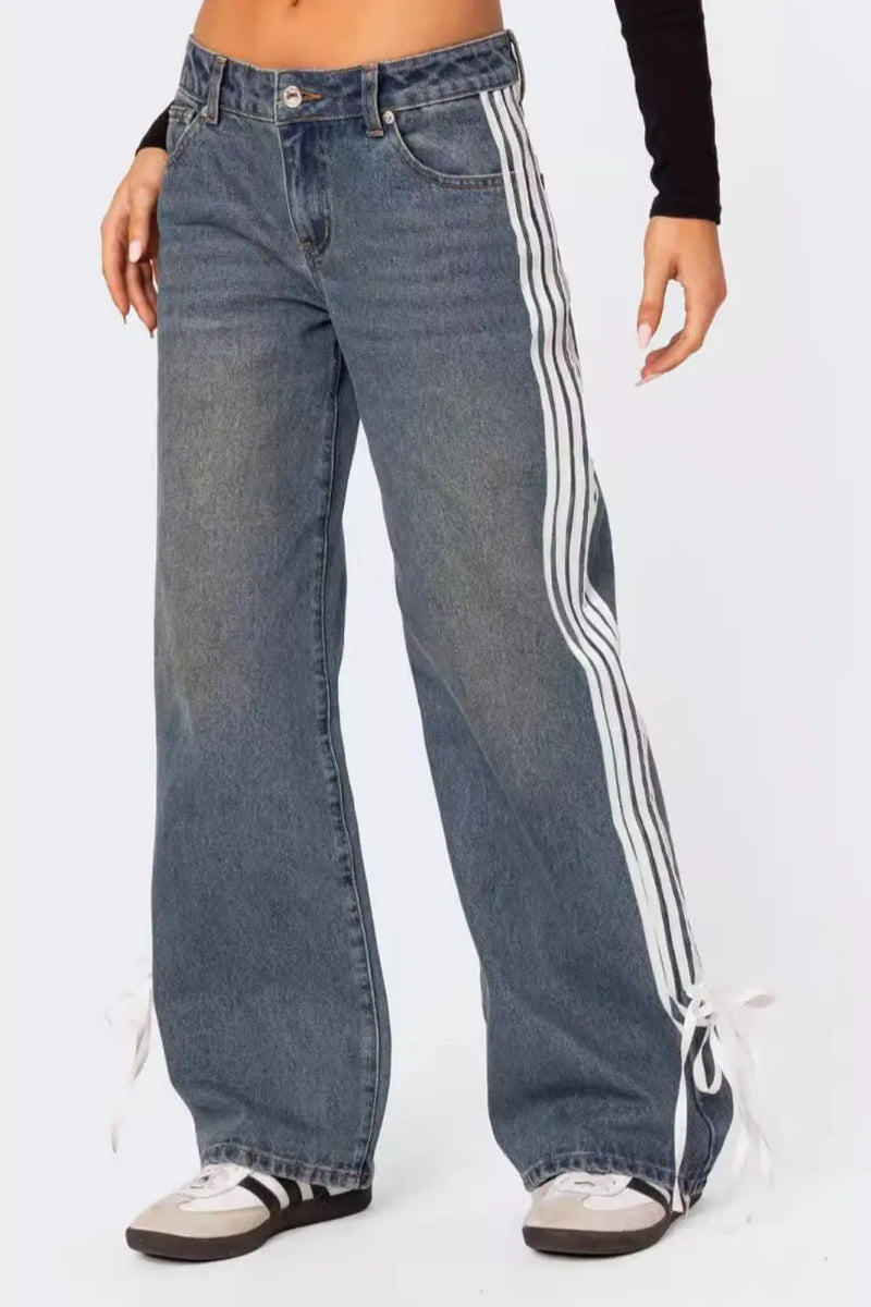 Side striped loose fit jeans front view
