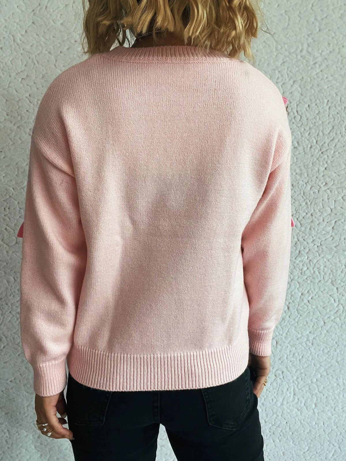 Bow round neck long sleeve sweater styled look