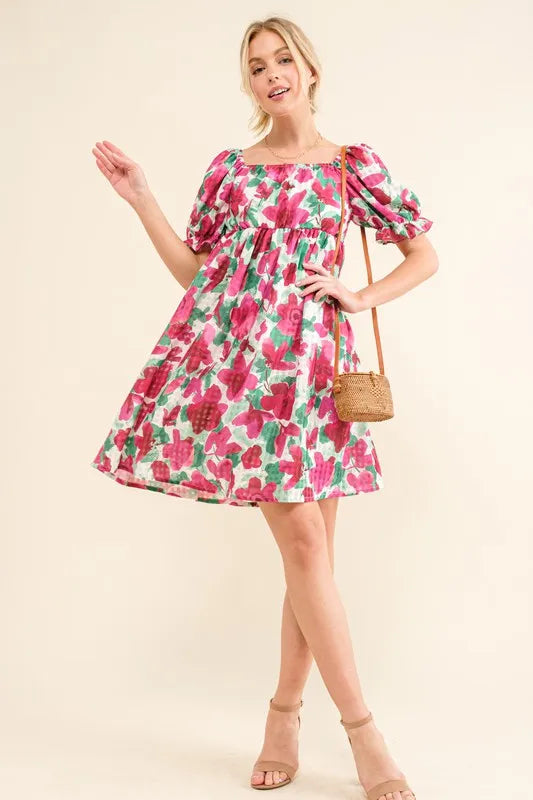 Smocked Floral Ruffle Mini Dress in Fuchsia