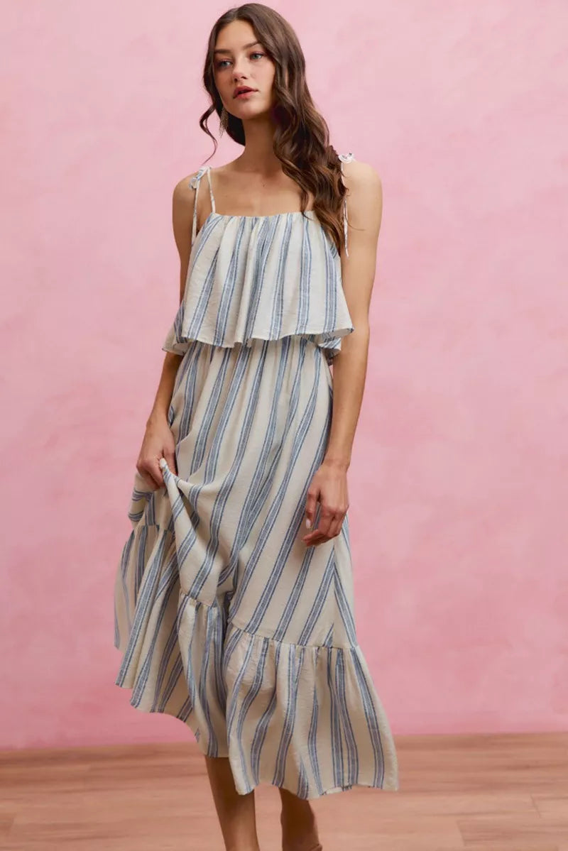 White and blue striped tiered midi dress with shoulder ties front view